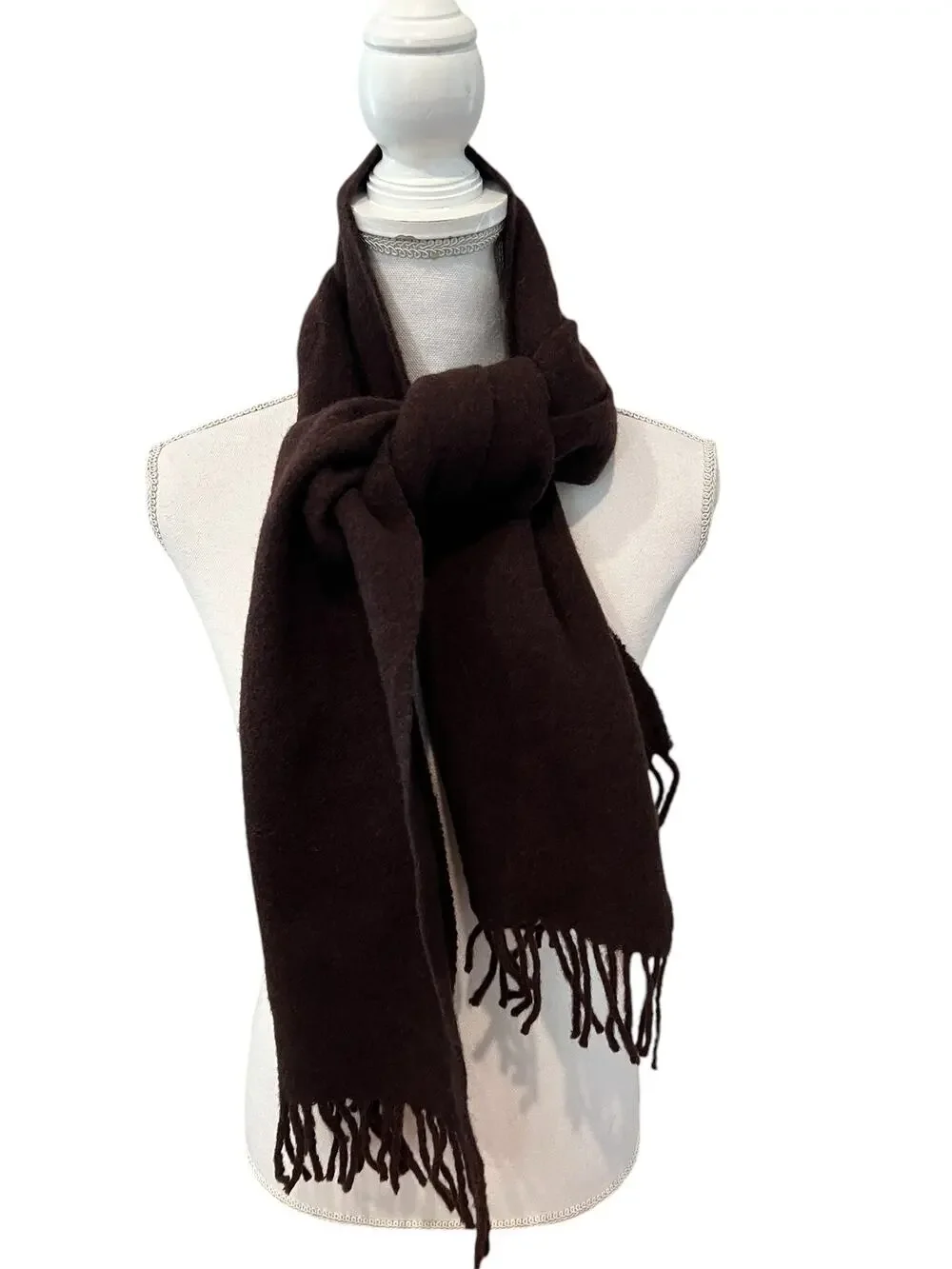 Vintage The Tie Rack Lambswool Fringed Scarf Chocolate Brown